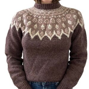 Vintage Womens Hand Knit 100% Wool Brown Fair Isle Scandinavian Sweater Sz M
